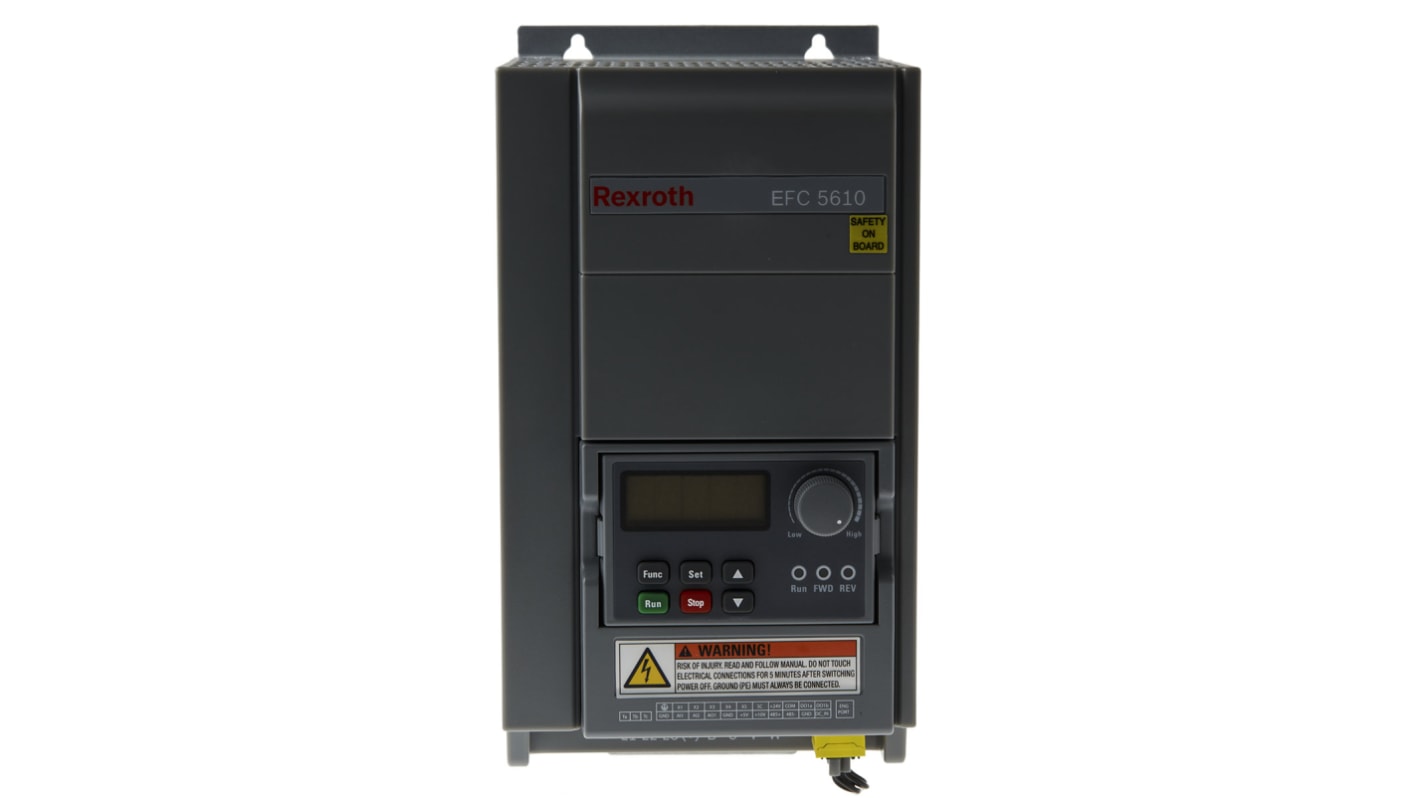 Inverter trifase Bosch Rexroth EFC5610-3K00-3P4-MDA-7P-NNNNN-L1NN, 3 kW, montaggio su guida DIN, dimensioni 120x175x231 mm.