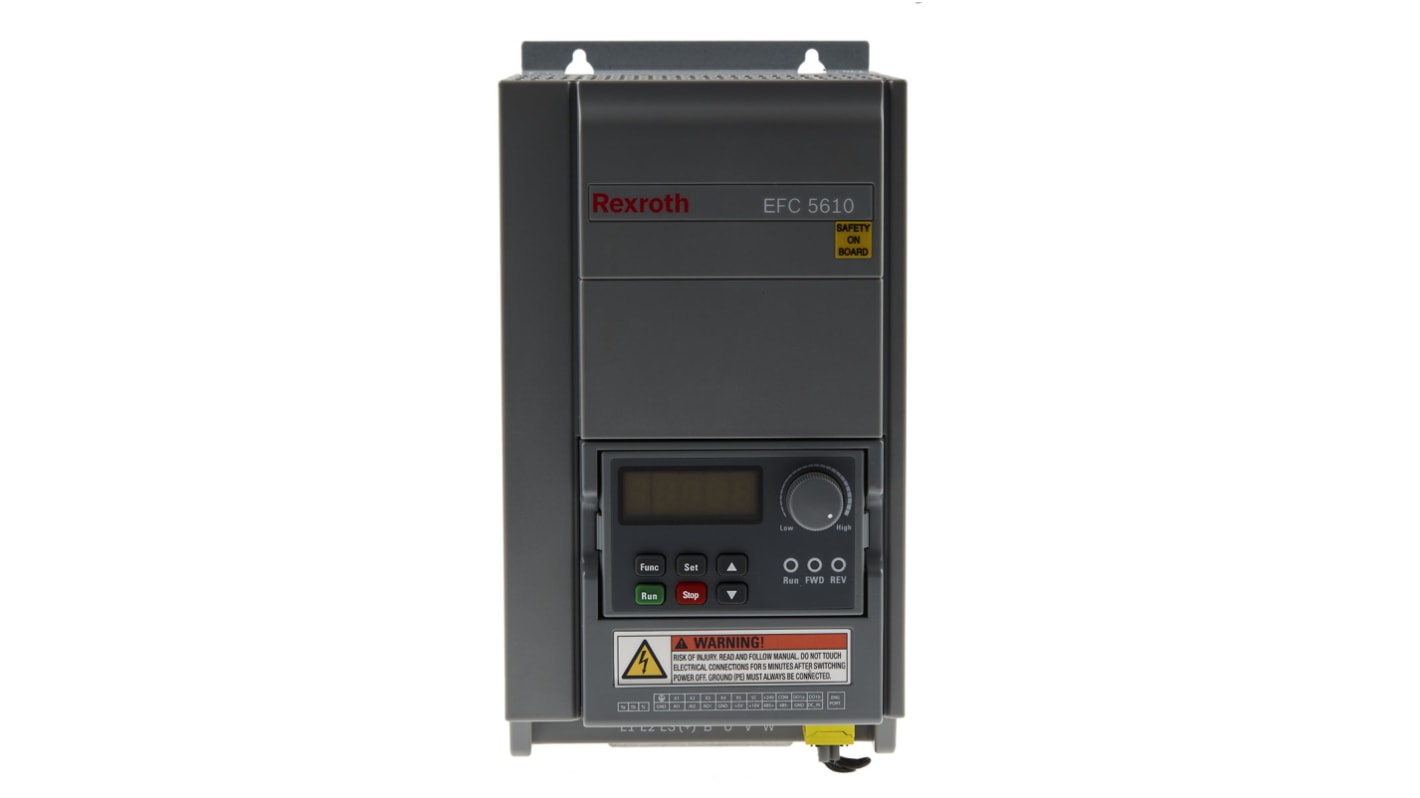 Inverter trifase Bosch Rexroth EFC5610-4K00-3P4-MDA-7P-NNNNN-L1NN, potenza 4 kW, montaggio su guida DIN, dimensioni 120x175x231 mm.