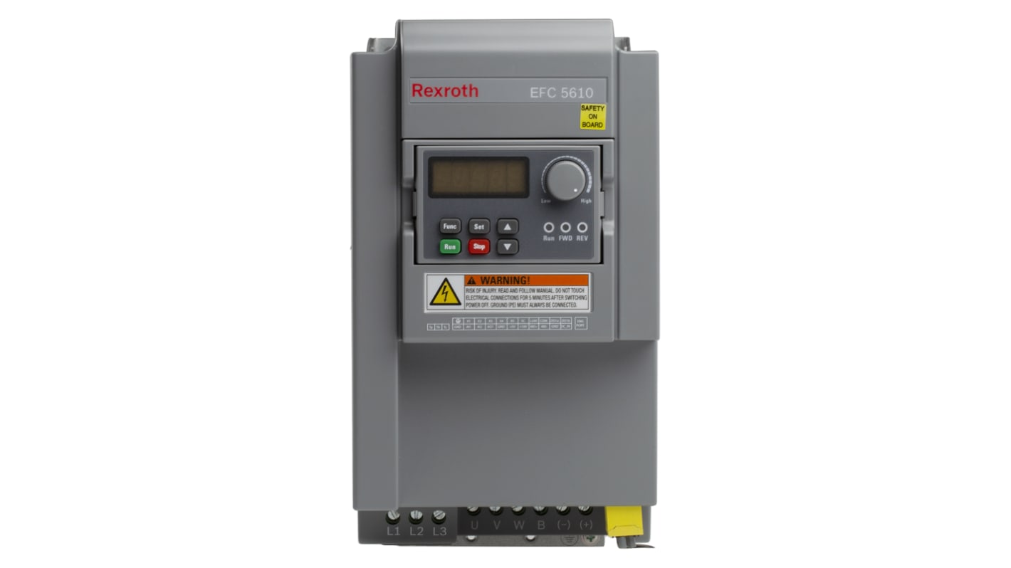 Inverter trifase Bosch Rexroth EFC5610-7K50-3P4-MDA-7P-NNNNN-L1NN, potenza 7,5 kW, montaggio su guida DIN, dimensioni 130x233x243 mm.