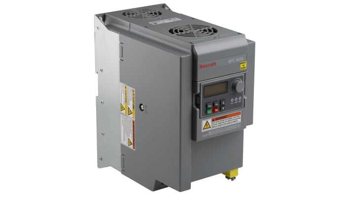 Inverter trifase Bosch Rexroth EFC5610-7K50-3P4-MDA-7P-NNNNN-L1NN, potenza 7,5 kW, montaggio su guida DIN, dimensioni 130x233x243 mm.