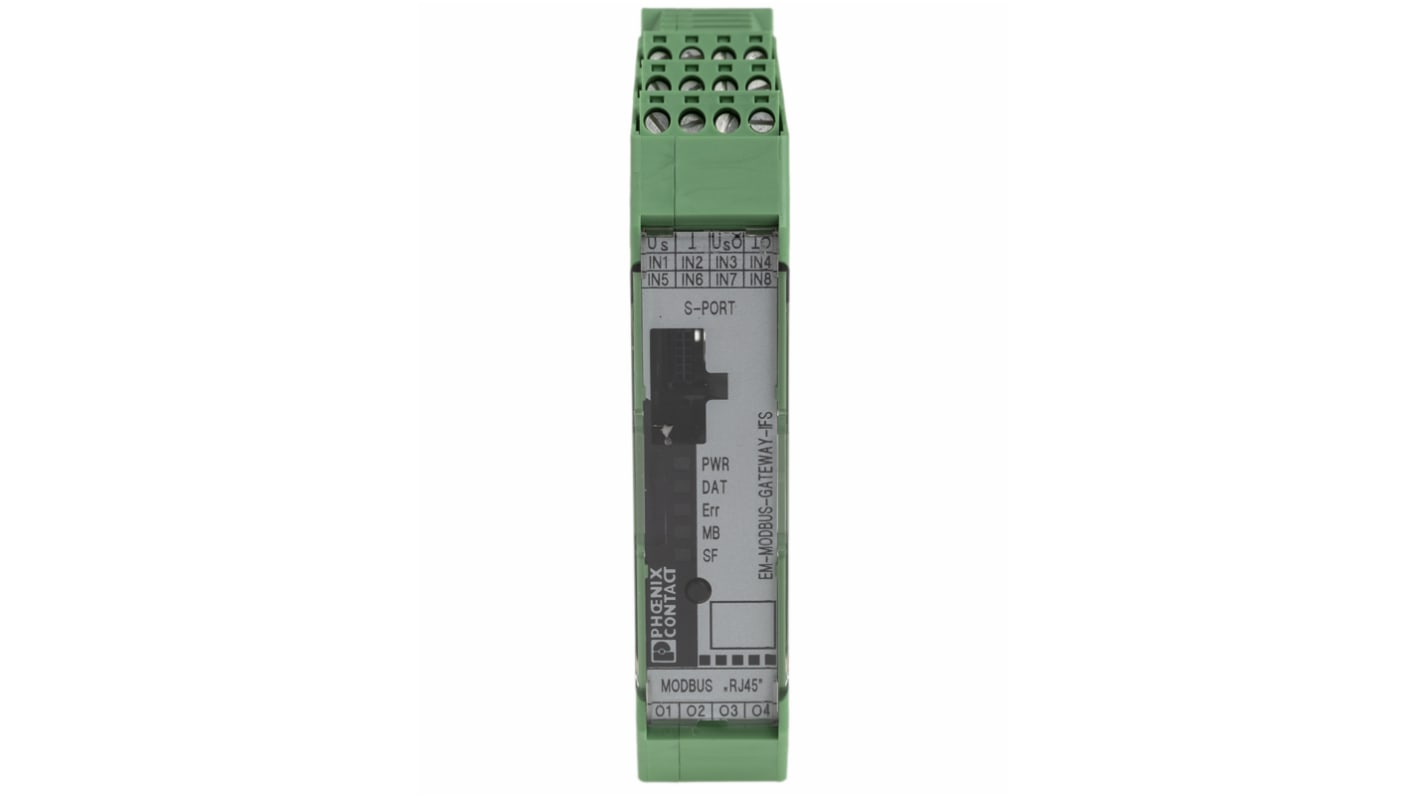 Modulo I/O Phoenix Contact 2901528, gateway EM-MODBUS-GATEWAY-IFS per 32 dispositivi Modbus/TCP, montaggio su guida DIN, 114.5 x 22.5 x 99 mm.