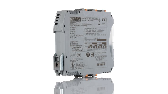 Starter motore Phoenix Contact 2903906, 3 fasi, 24 V c.c., 9 A, montaggio su guida DIN, dimensioni 22,5 x 107,4 x 113,7 mm, protezione IP20.