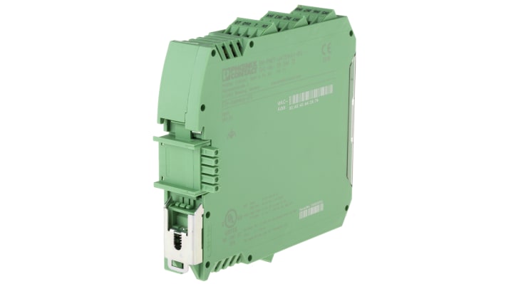 Phoenix Contact 2904472, starter per motore con 4 uscite e 8 ingressi digitali, montaggio su guida DIN, dimensioni 99x22.5x114.5 mm.