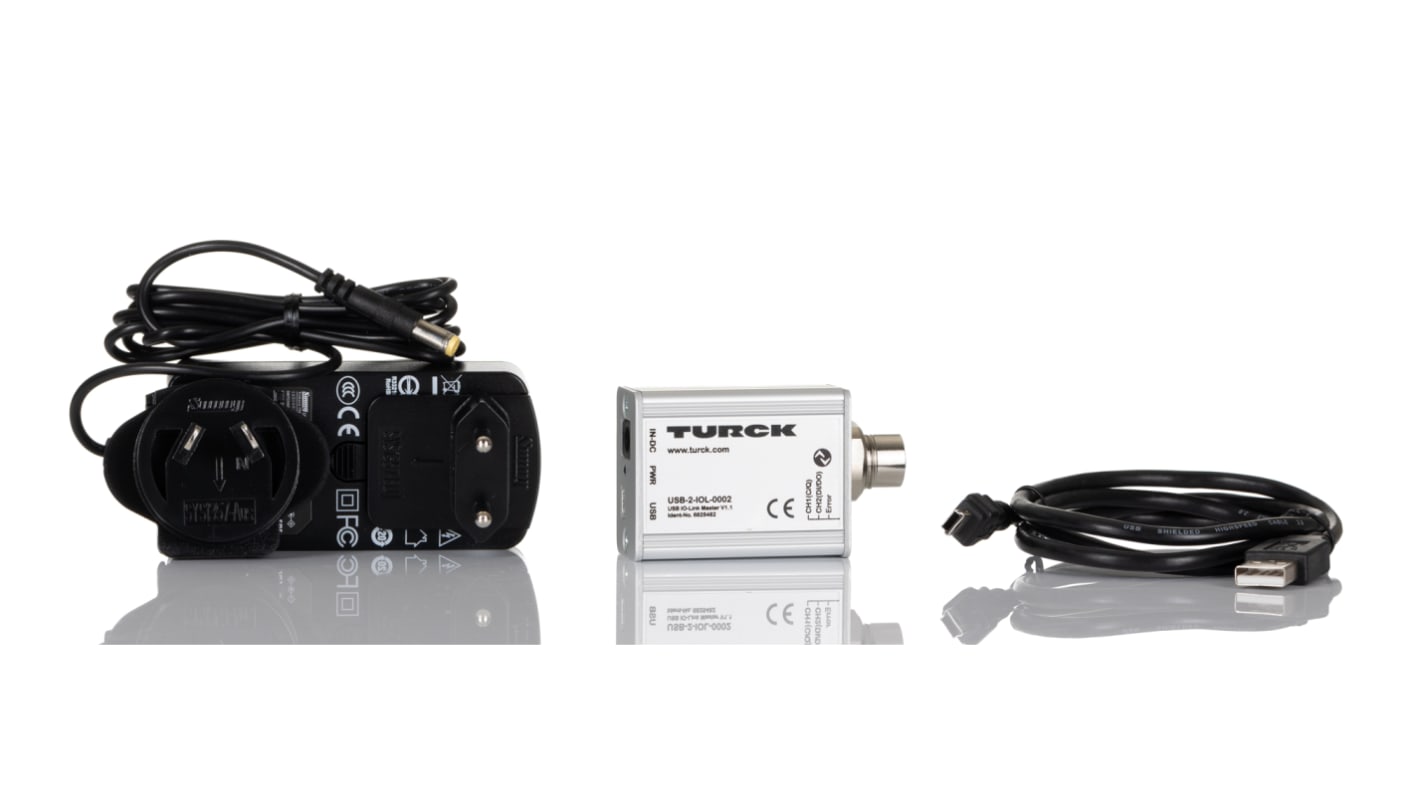 Modulo IO-Link Turck USB-2-IOL-0002, interfaccia USB, alimentazione 24 V, dimensioni 54 x 41 x 24 mm, grado di protezione IP40.