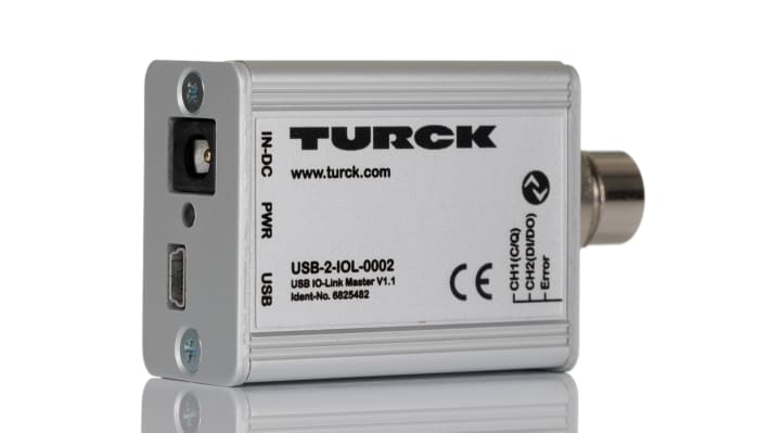 Modulo IO-Link Turck USB-2-IOL-0002, interfaccia USB, alimentazione 24 V, dimensioni 54 x 41 x 24 mm, grado di protezione IP40.