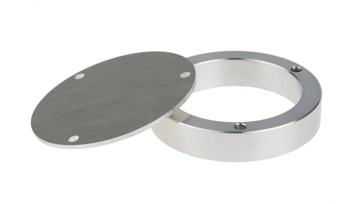 Anello di protezione Turck M2-QR24 in alluminio per encoder Ri-QR24, con piastra di protezione e diametro interno cavo 6 mm.