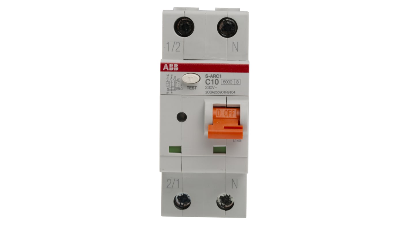 Interruttore magnetotermico ABB S-ARC1 C10, 1P+N, 10 A, montaggio su guida DIN, dimensioni 85x35x69 mm, LED per risoluzione problemi.