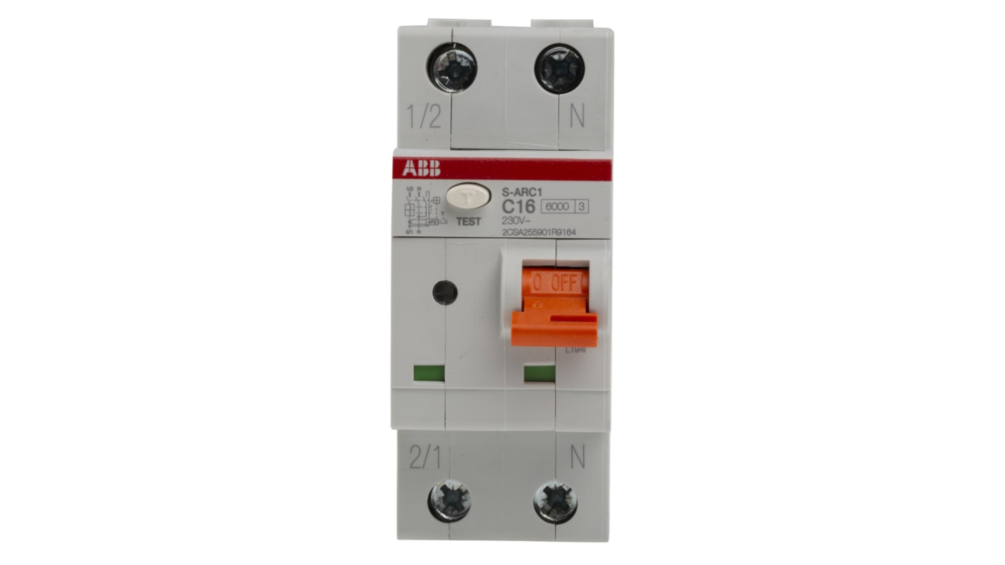 Interruttore magnetotermico ABB S-ARC1 C16, 1P+N, 16A, montaggio guida DIN, dimensioni 35mm x 85mm x 69mm, LED di diagnostica.