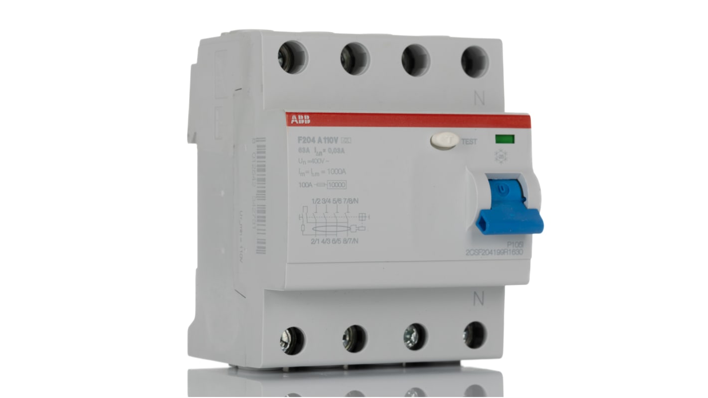 Interruttore differenziale ABB 4 poli, 63A, 30mA, 110V, montaggio su guida DIN, dimensioni 69 x 70 x 85 mm.