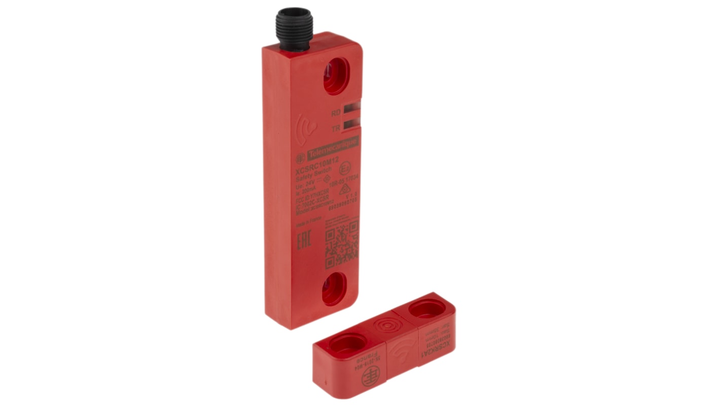 Interruttore di sicurezza RFID Telemecanique Sensors XCSRC10M12, 24V cc, 2 contatti NO, con connettore M12, grado di protezione IP65-69K. Dimensioni 45mm x 30mm x 108.3mm.