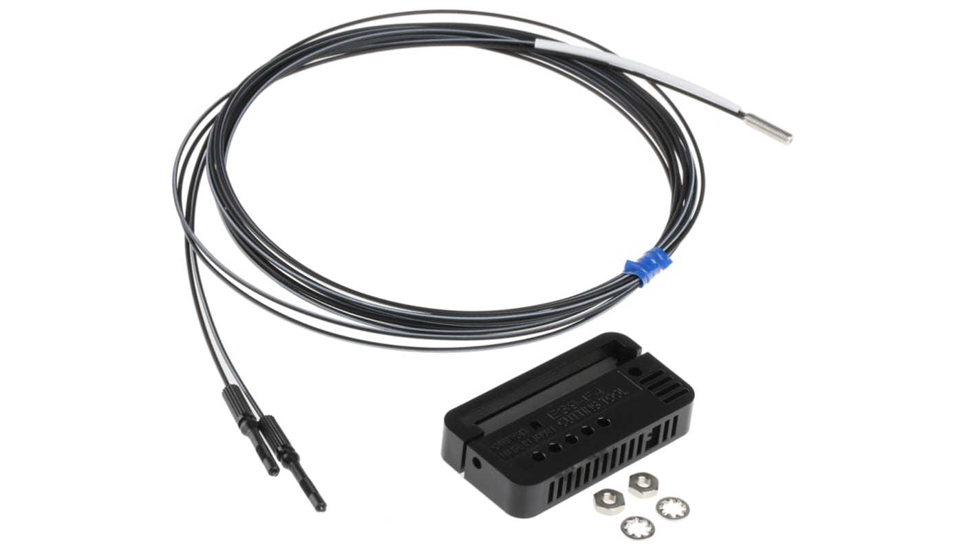 Sensore per fibre ottiche Omron E32DC200E, IP67, rilevamento fino a 130 mm, cavo 2 m, dimensioni 11 x M3 x 0,5 mm.