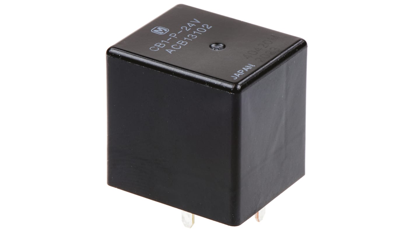 Relè automotive Panasonic CB1P24 SPDT, 24V cc, montaggio su PCB, corrente 20A, dimensioni 22 x 26 mm.