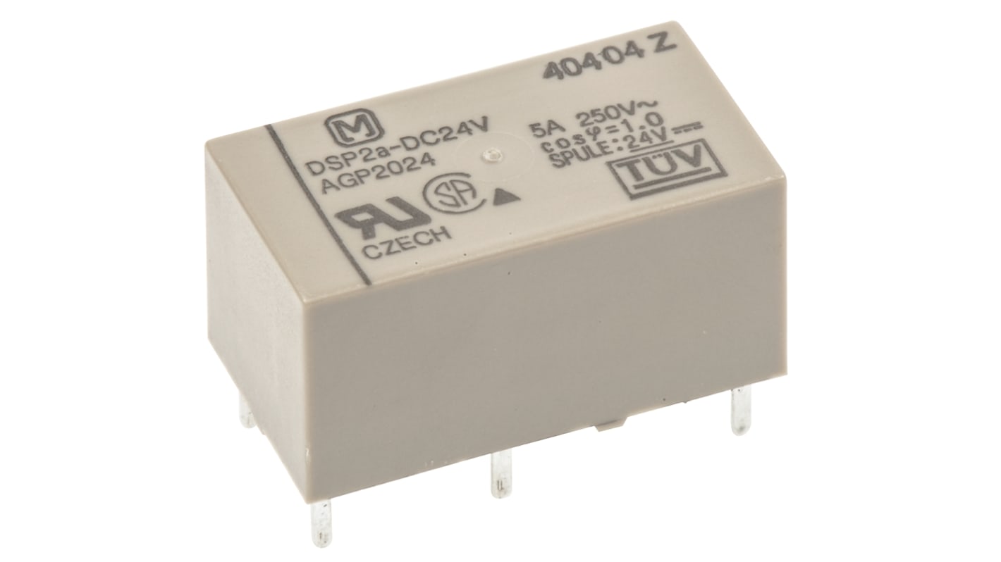 Relè di potenza Panasonic DSP2A-DC24V DPST, montaggio su PCB, dimensioni 10 x 20,2 x 11 mm, corrente 5A, isolamento 3kV.