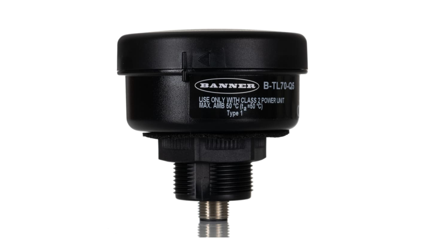 Torretta di segnalazione Banner B-TL70-Q5, base 70 mm, alimentazione 12-30 V c.c., grado di protezione IP65, corpo in PC nero.