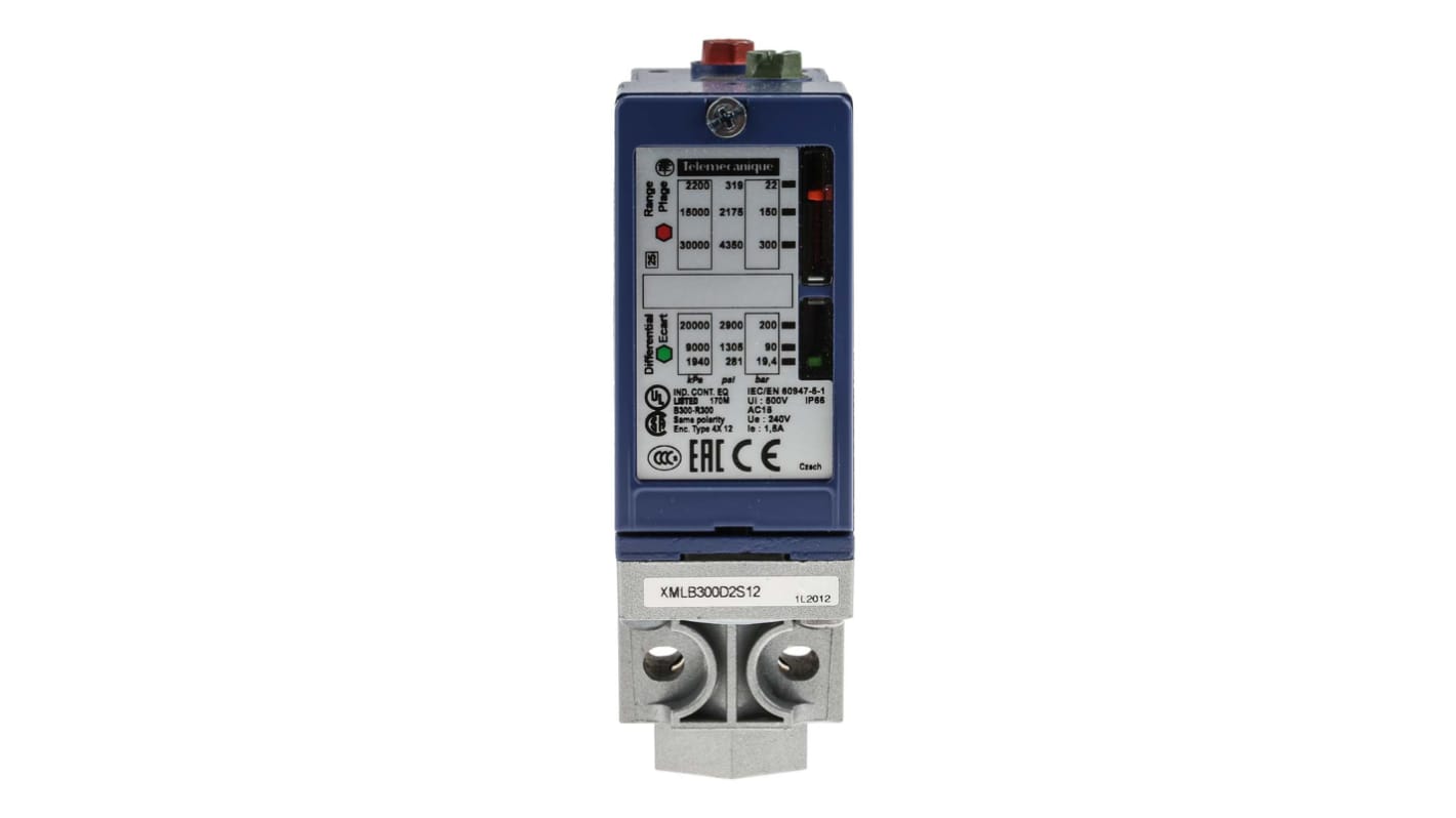 Pressostato elettromeccanico Telemecanique Sensors XMLB300D2S12, max 300 bar, contatto 1 C/O, IP66, -25/+70 °C.