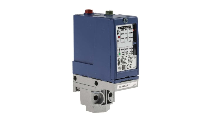 Pressostato elettromeccanico Telemecanique Sensors XMLB300D2S12, max 300 bar, contatto 1 C/O, IP66, -25/+70 °C.
