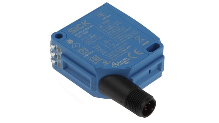 Sensore fotoelettrico rettangolare Sick WTT12LC-B2563, rilevamento da 50 mm a 3,8 m, montaggio a pannello, grado di protezione IP67.