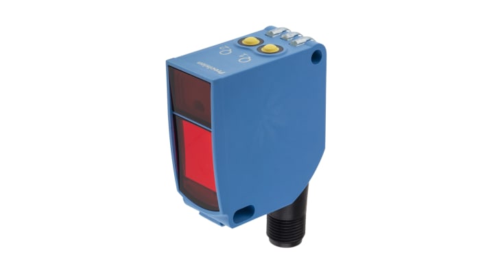 Sensore fotoelettrico rettangolare Sick WTT12LC-B2543, rilevamento da 50 mm a 1800 mm, uscita NPN/PNP, grado di protezione IP67.