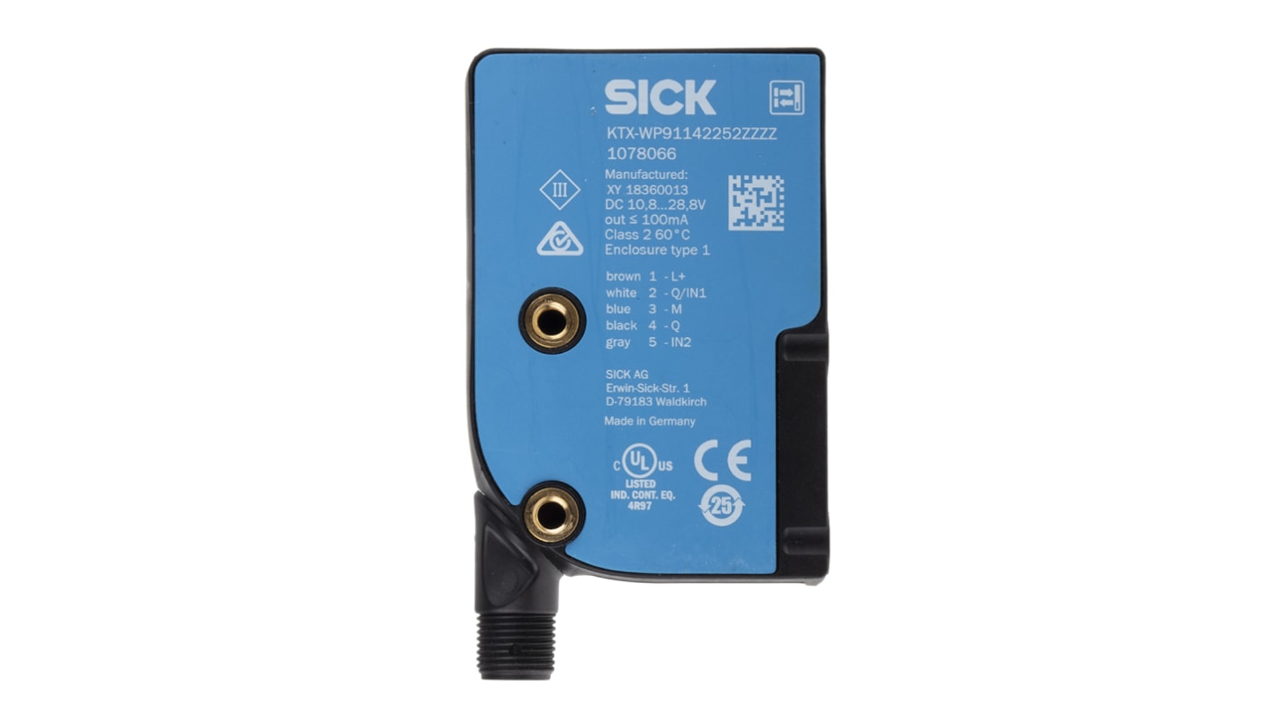 Sensore di contrasto Sick KTX-WP91142252ZZZZZZZZZZZZZZZ1 RGB, montaggio a pannello, rilevamento fino a 13 mm, IP67.