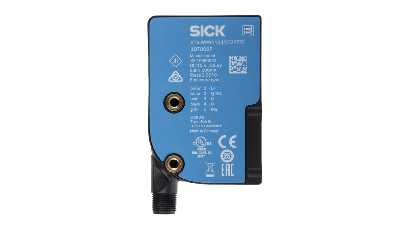 Sensore di contrasto Sick KTX-WP91141252ZZZZZZZZZZZZZZZ1 RGB, montaggio a pannello, rilevamento fino a 13 mm, IP67.