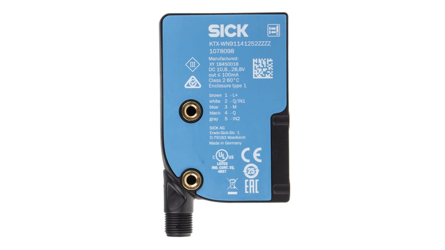 Sensore di contrasto Sick KTX-WN91141252ZZZZZZZZZZZZZZZ1 RGB, rilevamento 13 mm, uscita NPN, montaggio a pannello, IP67.