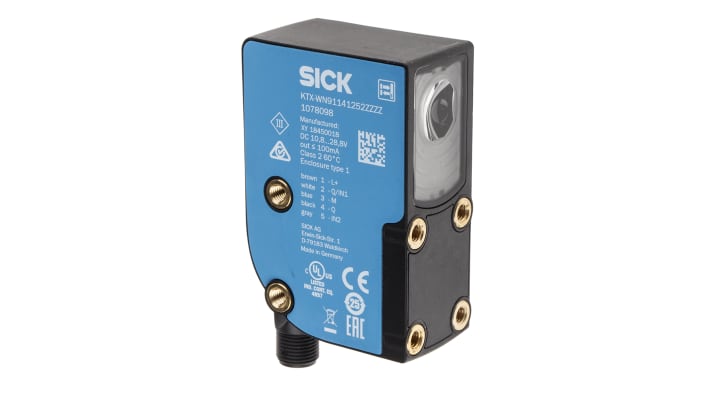 Sensore di contrasto Sick KTX-WN91141252ZZZZZZZZZZZZZZZ1 RGB, rilevamento 13 mm, uscita NPN, montaggio a pannello, IP67.