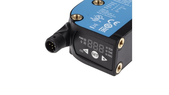 Sensore di contrasto Sick KTX-WN91141252ZZZZZZZZZZZZZZZ1 RGB, rilevamento 13 mm, uscita NPN, montaggio a pannello, IP67.