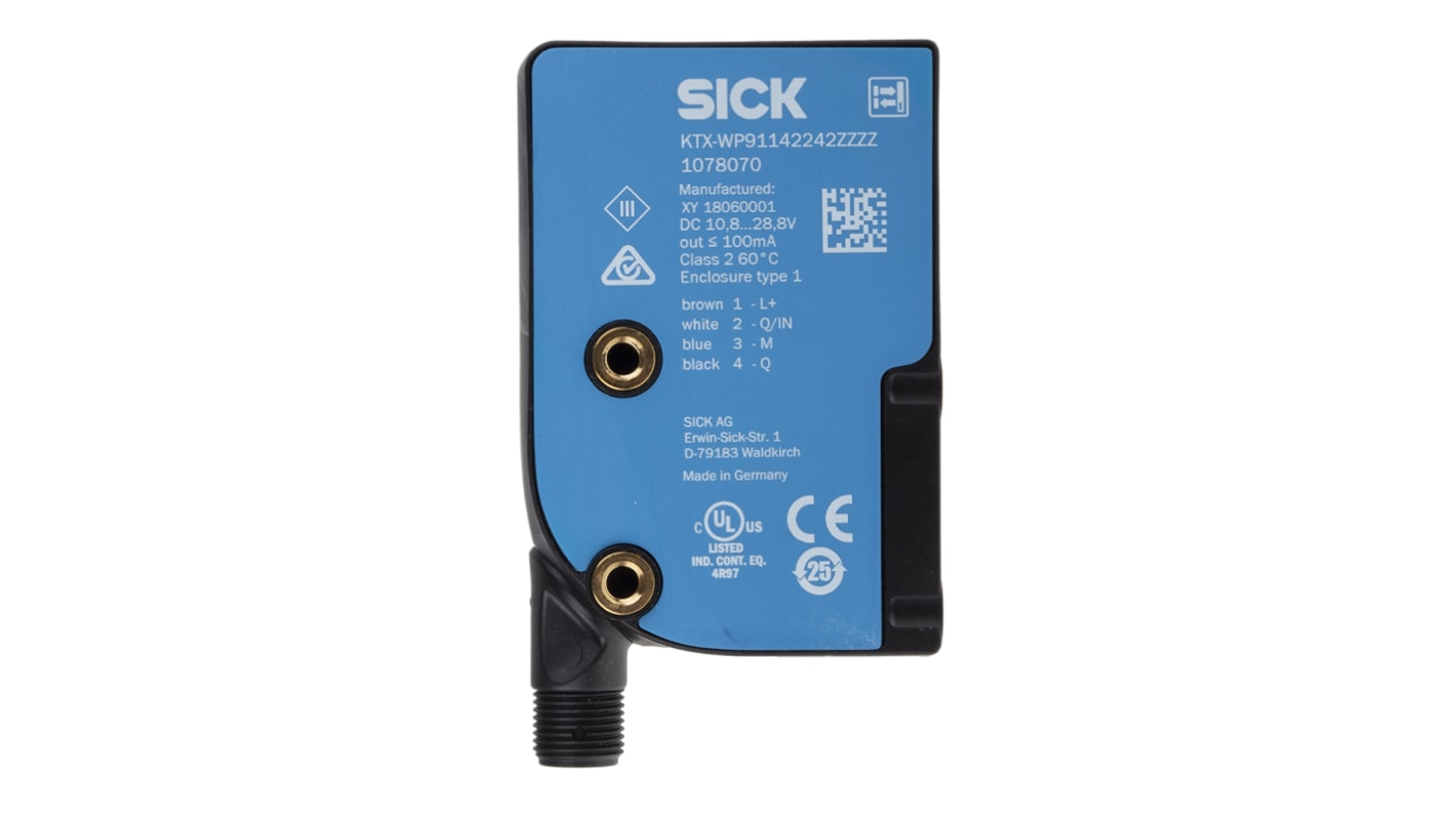 Sensore di contrasto Sick KTX-WP91142242ZZZZZZZZZZZZZZZ1 RGB, montaggio a pannello, IP67, rilevamento 13 mm, uscita PNP.