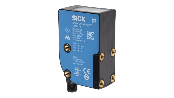 Sensore di contrasto Sick KTX-WP91142242ZZZZZZZZZZZZZZZ1 RGB, montaggio a pannello, IP67, rilevamento 13 mm, uscita PNP.