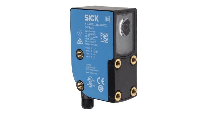 Sensore di contrasto Sick KTX-WP91141242ZZZZZZZZZZZZZZZ1 RGB, montaggio a pannello, IP67, gamma di rilevamento 13 mm.