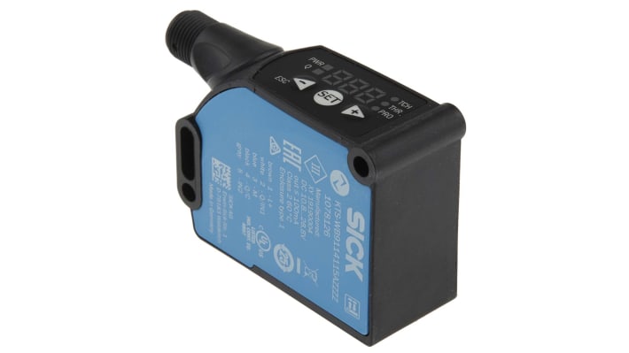 Sensore di contrasto Sick KTS-WB9114115AZZZZ RGB a LED, montaggio a pannello, grado di protezione IP67, rilevamento 13 mm.