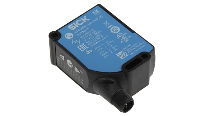 Sensore di contrasto Sick KTS-WB9114115AZZZZ RGB a LED, montaggio a pannello, grado di protezione IP67, rilevamento 13 mm.