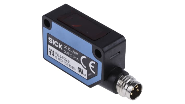 Sensore fotoelettrico rettangolare Sick WL8-P2231, rilevamento fino a 4 m, uscita PNP, montaggio a pannello, grado di protezione IP67.