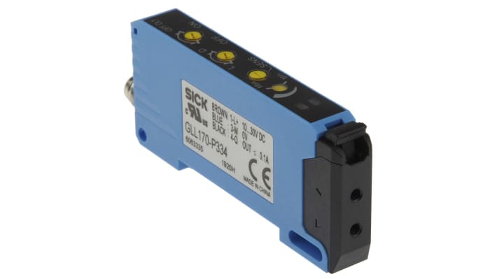 Sensore Sick GLL170-P334 a fibre ottiche PNP, M8 a 4 pin, IP66, -25/+55 °C, montaggio a pannello, 72,5 x 10 x 9,4 mm.