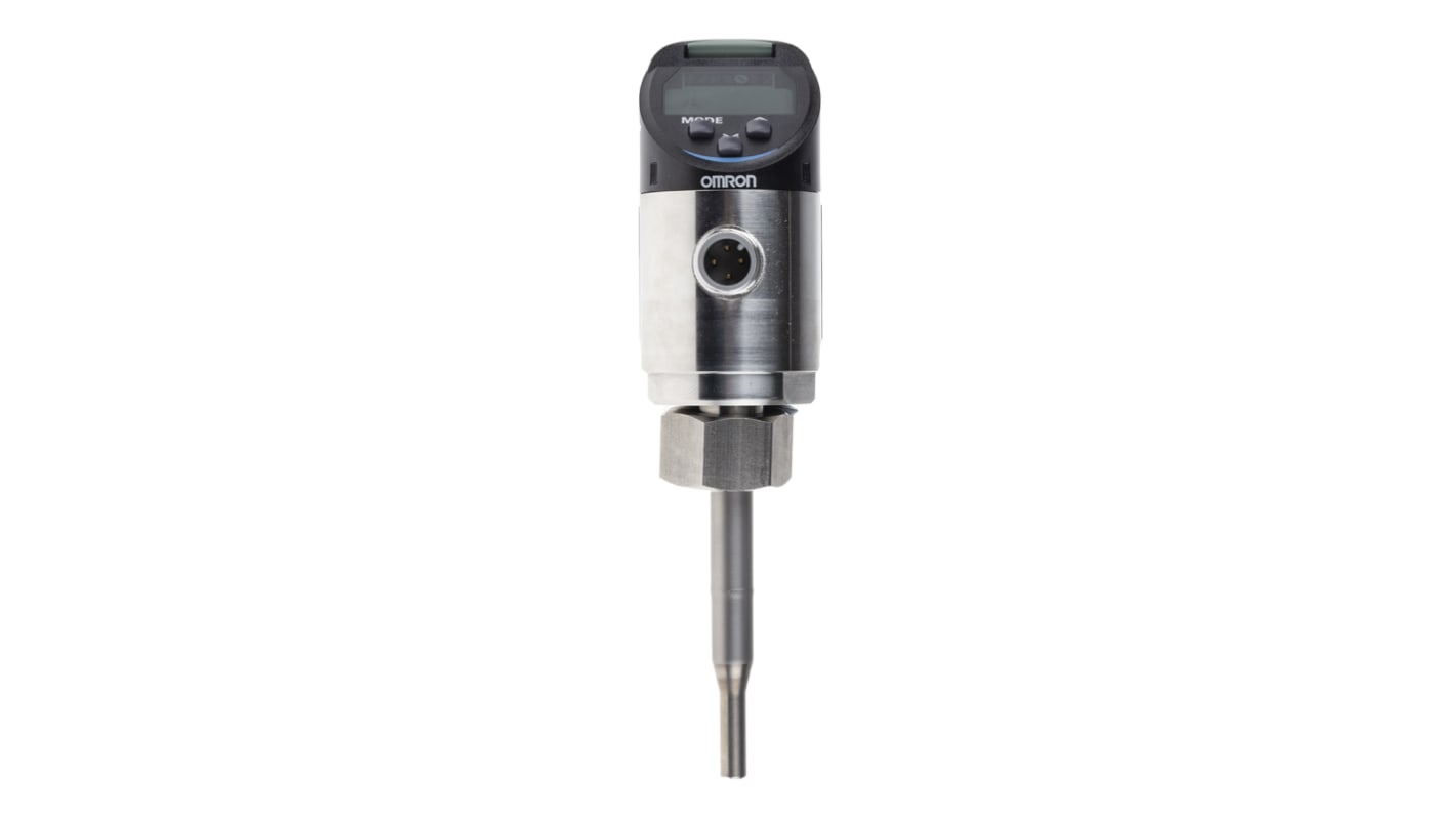 Sensore di flusso Omron E8FC-25T per liquidi, portata 0,6-14 L/min, pressione max 10 MPa, connettore M12.