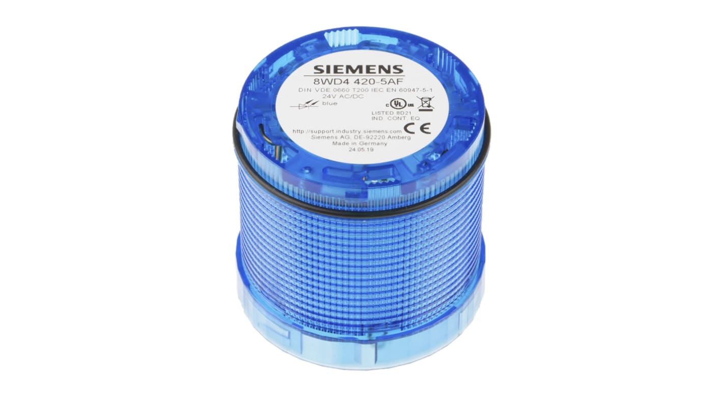 Elemento luminoso lampeggiante blu Siemens 8WD4420-5AF, LED 24 V, montaggio a baionetta, diametro 70 mm, IP65.