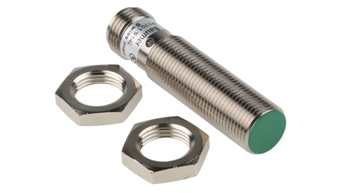 Baumer IFRM 12P1701/S14L, sensore di prossimità cilindrico PNP, corpo in ottone, connettore M12, gamma di rilevamento 4 mm.