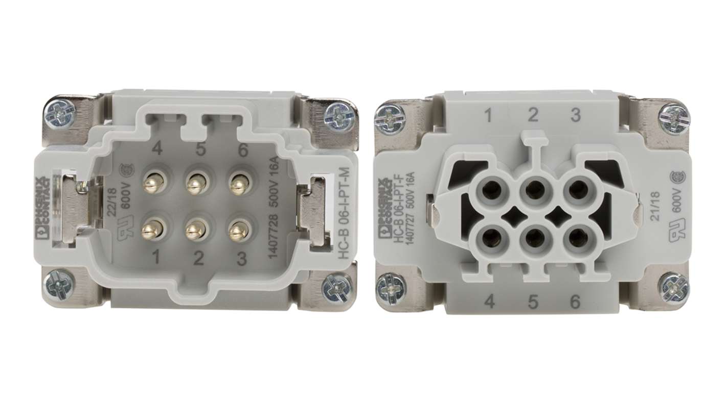 Phoenix Contact, kit connettore alimentazione 6 pin, 16A, 500 V, montaggio a pannello, corpo metallico, orientamento laterale.