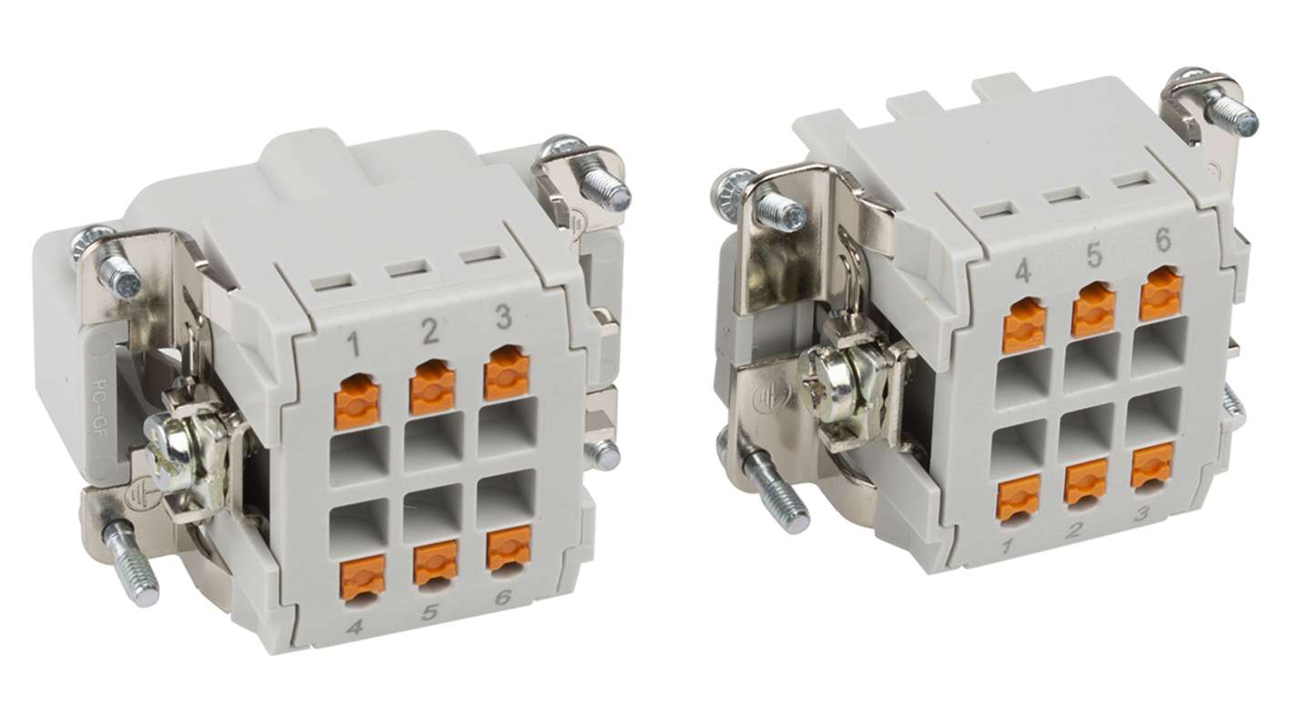 Phoenix Contact, kit connettore alimentazione 6 pin, 16A, 500 V, montaggio a pannello, corpo metallico, orientamento laterale.