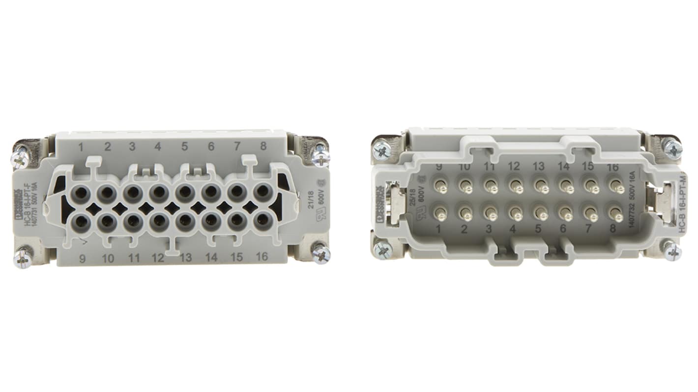 Kit connettore alimentazione Phoenix Contact, femmina e maschio, 16 pin, 16A, 500 V, montaggio a pannello, orientamento laterale.