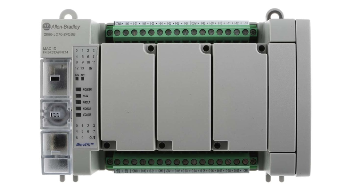 Allen Bradley 2080-LC70-24QBB, CPU PLC Micro870 con 14 ingressi, 10 uscite, dimensioni 90 x 145 x 80 mm.