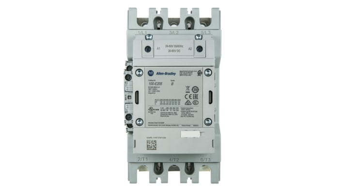 Contattore Direct on Line Allen Bradley 100-E205KJ11, 3 poli, 205 A, montaggio a pannello, dimensioni 105 x 152 x 196 mm.