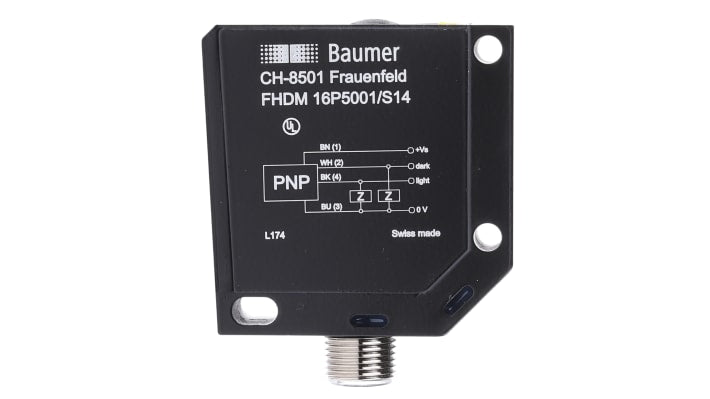 Sensore fotoelettrico Baumer FHDM 16P5001/S14, rilevamento da 20 mm a 450 mm, uscita PNP, grado di protezione IP67.