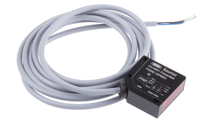 Baumer FHDM 12P5001, sensore fotoelettrico rettangolare a scansione diffusa, rilevamento 15-300 mm, alimentazione 10-30 V, IP67.