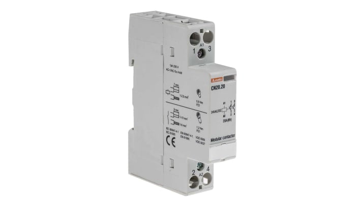Contattore Lovato CN2020024, 2 poli NA, 20 A, tensione 24 V, montaggio su guida DIN, dimensioni 17,5 x 65 x 85 mm.