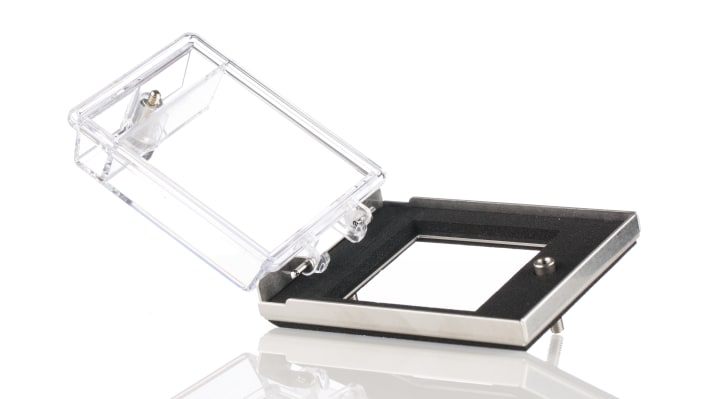 Coperchio protettivo Omron Y92A-48N in policarbonato per macchine alimentari, grado di protezione IP66, compatibile con controllori DIN.