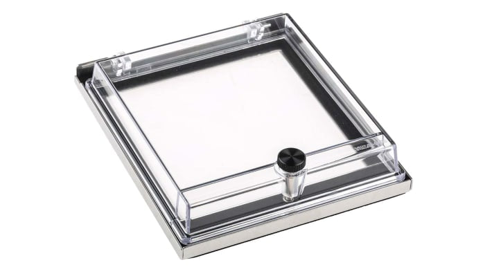 Coperchio Omron Y92A-96N per macchine di lavorazione alimenti, in policarbonato con guarnizione neoprene, protezione IP66. Compatibile con controllori DIN.