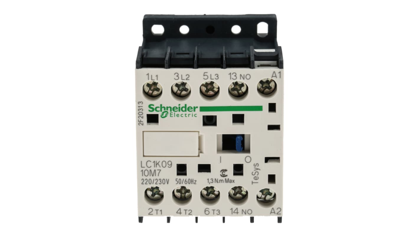 Contattore Schneider Electric LC1K0910M7 3 poli 9A 4kW 220V c.a. per carichi trifase. Montaggio su guida DIN, ideale per motori, ascensori e fornelli.