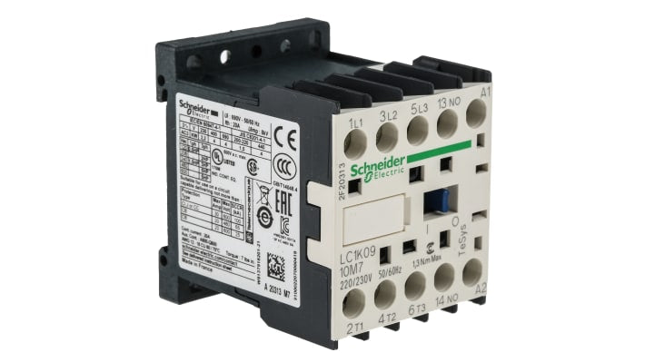 Contattore Schneider Electric LC1K0910M7 3 poli 9A 4kW 220V c.a. per carichi trifase. Montaggio su guida DIN, ideale per motori, ascensori e fornelli.
