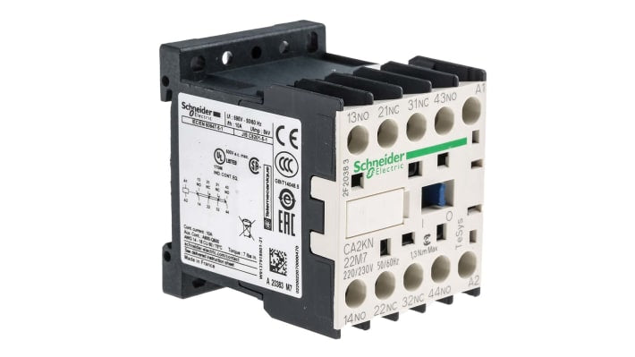 Relè di controllo Schneider Electric CA2KN22M7, 2 NO + 2 NC, carico FLC 10 A, resistente agli urti e ignifugo. Ideale per AC-15 e DC-13.